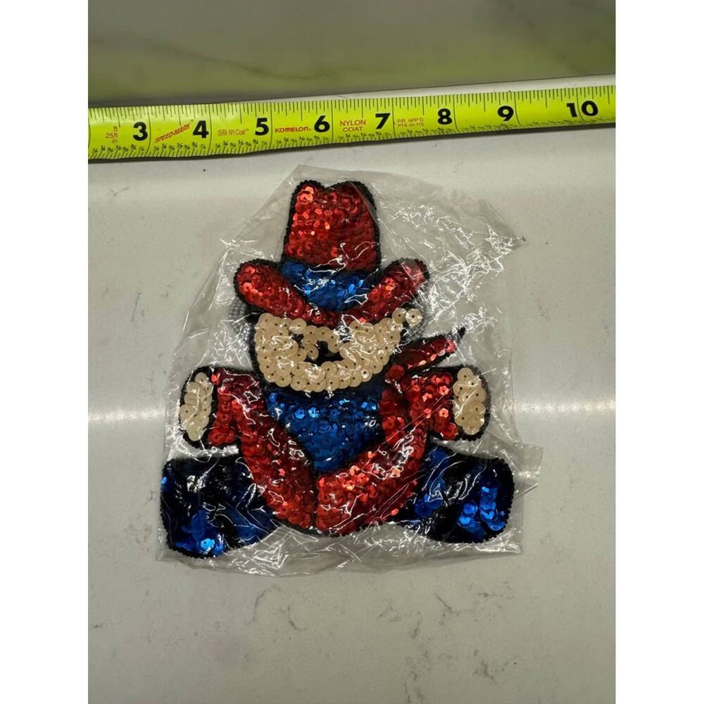 Vintage New Cowboy Teddy Bear Red White Blue Sequin Beaded Patch Appliqué